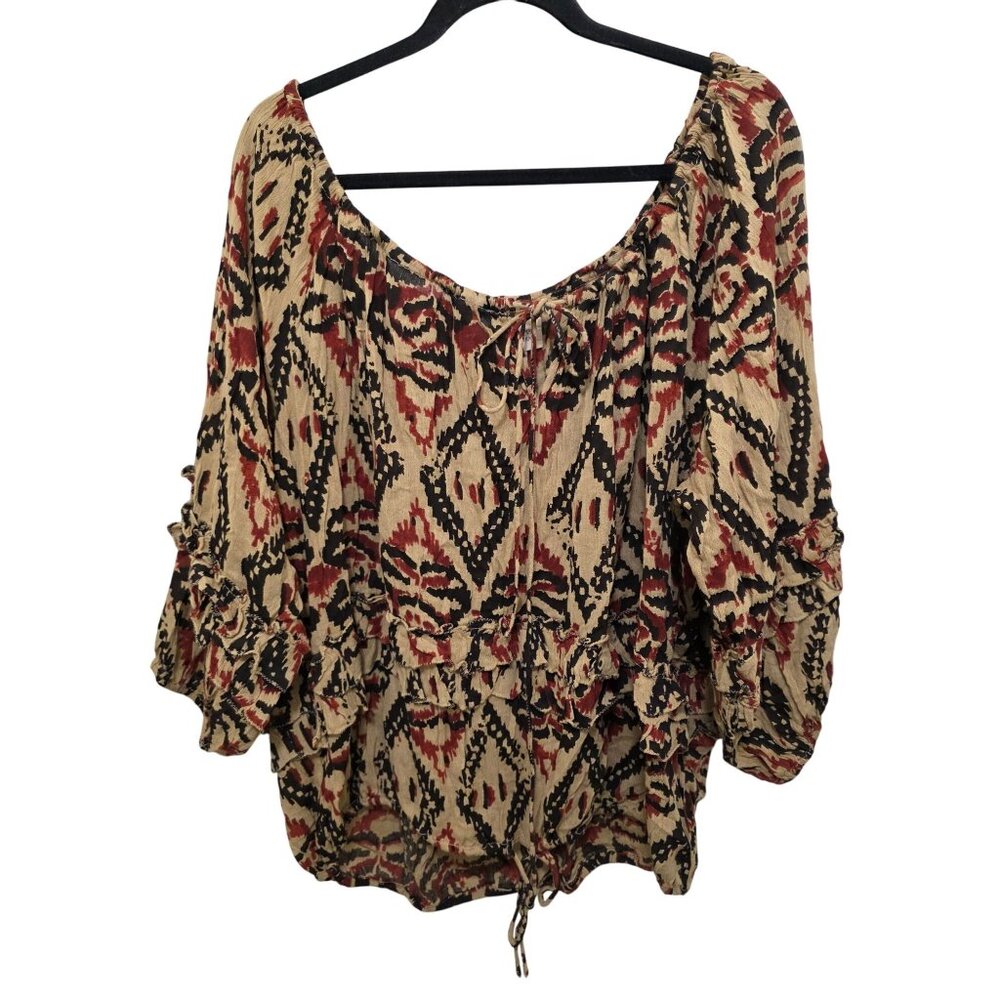 RALPH LAUREN DENIM & SUPPLY WOMEN L OVERSIZE PEASANT BLOUSE IKAT PRINT RUFFLE SL